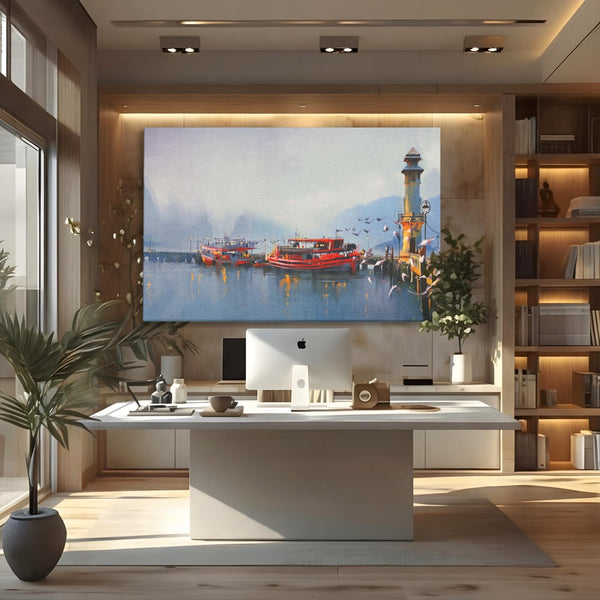 Tablou Canvas Premium LuxCanva® A1263, Red Boats, Port, Barci, Far, Mare, Dormitor, Culori Vibrante