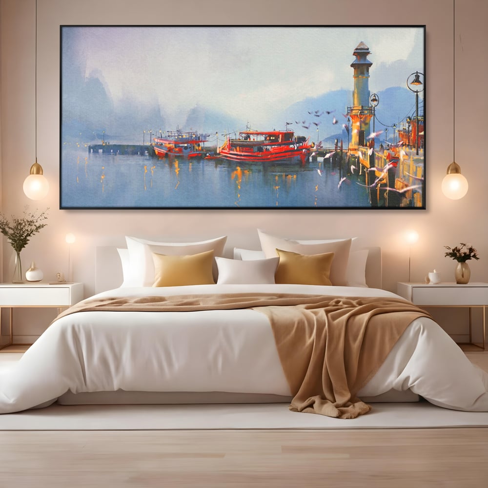 Tablou Canvas Premium LuxCanva® A1263, Red Boats, Port, Barci, Far, Mare, Dormitor, Culori Vibrante