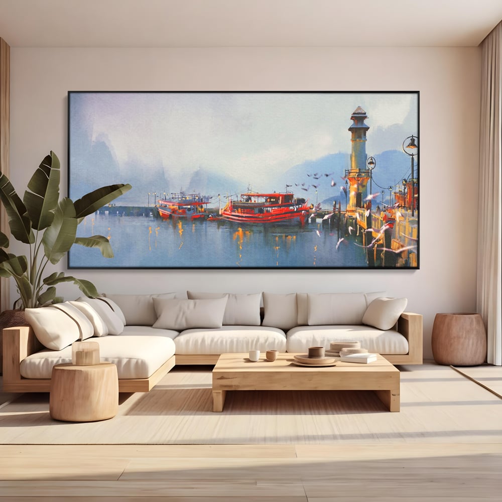Tablou Canvas Premium LuxCanva® A1263, Red Boats, Port, Barci, Far, Mare, Dormitor, Culori Vibrante