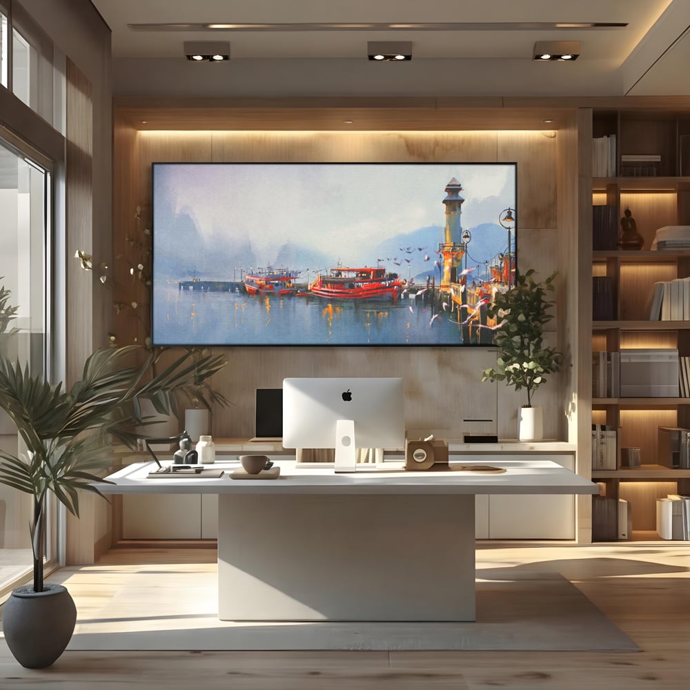 Tablou Canvas Premium LuxCanva® A1263, Red Boats, Port, Barci, Far, Mare, Dormitor, Culori Vibrante