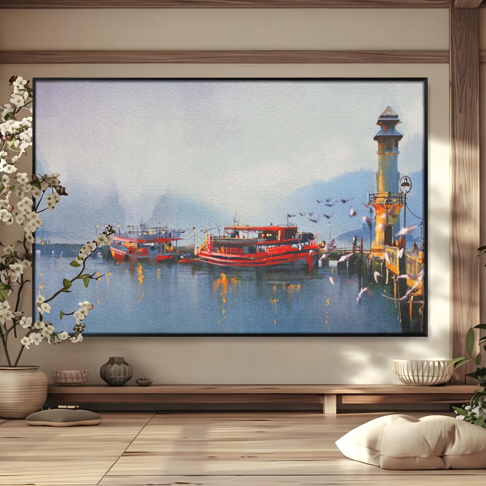Tablou Canvas Premium LuxCanva® A1263, Red Boats, Port, Barci, Far, Mare, Dormitor, Culori Vibrante