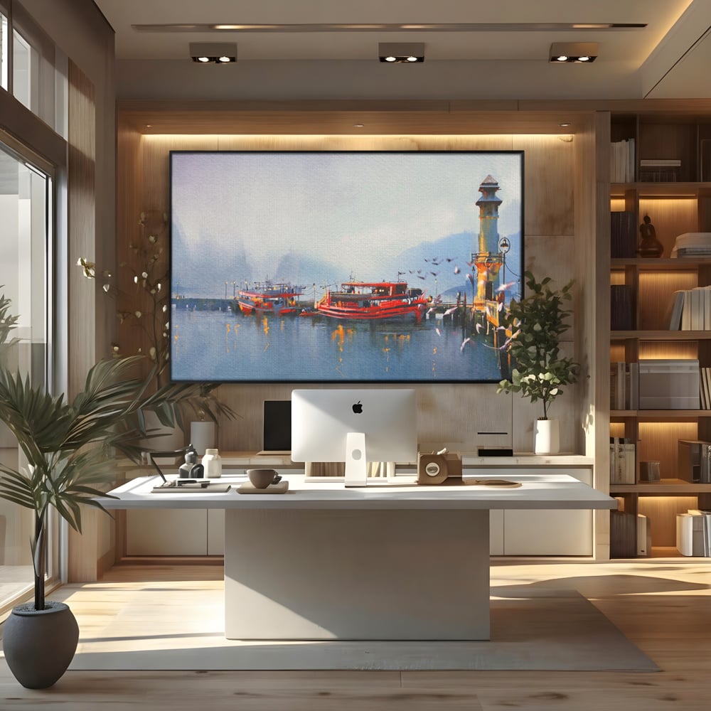 Tablou Canvas Premium LuxCanva® A1263, Red Boats, Port, Barci, Far, Mare, Dormitor, Culori Vibrante