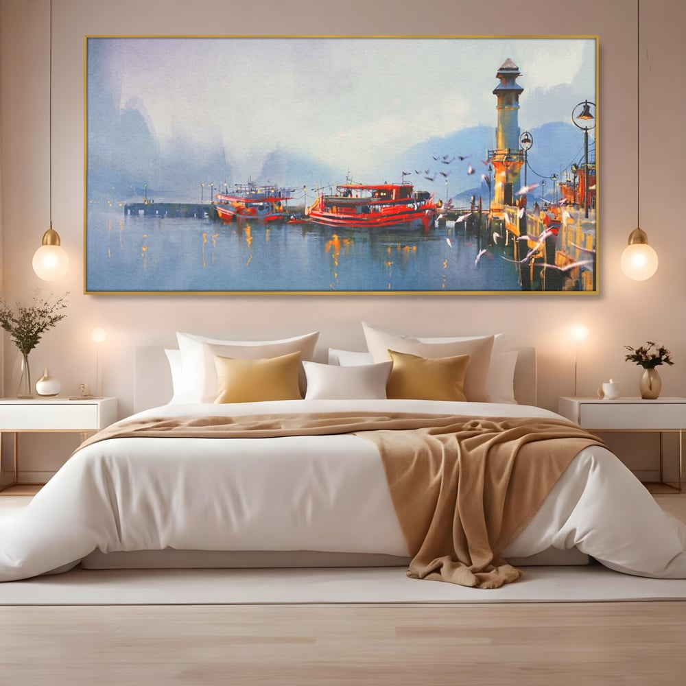 Tablou Canvas Premium LuxCanva® A1263, Red Boats, Port, Barci, Far, Mare, Dormitor, Culori Vibrante