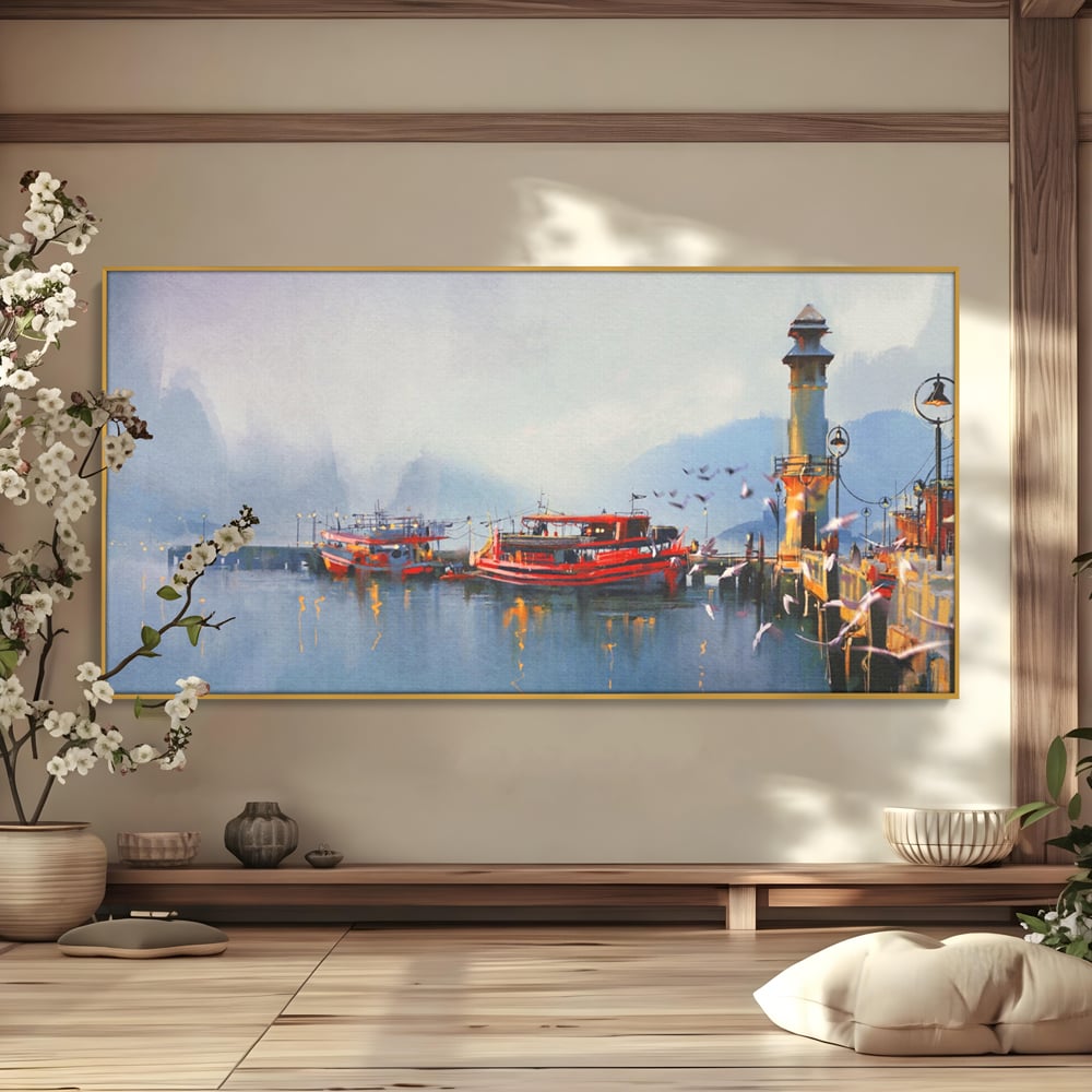 Tablou Canvas Premium LuxCanva® A1263, Red Boats, Port, Barci, Far, Mare, Dormitor, Culori Vibrante