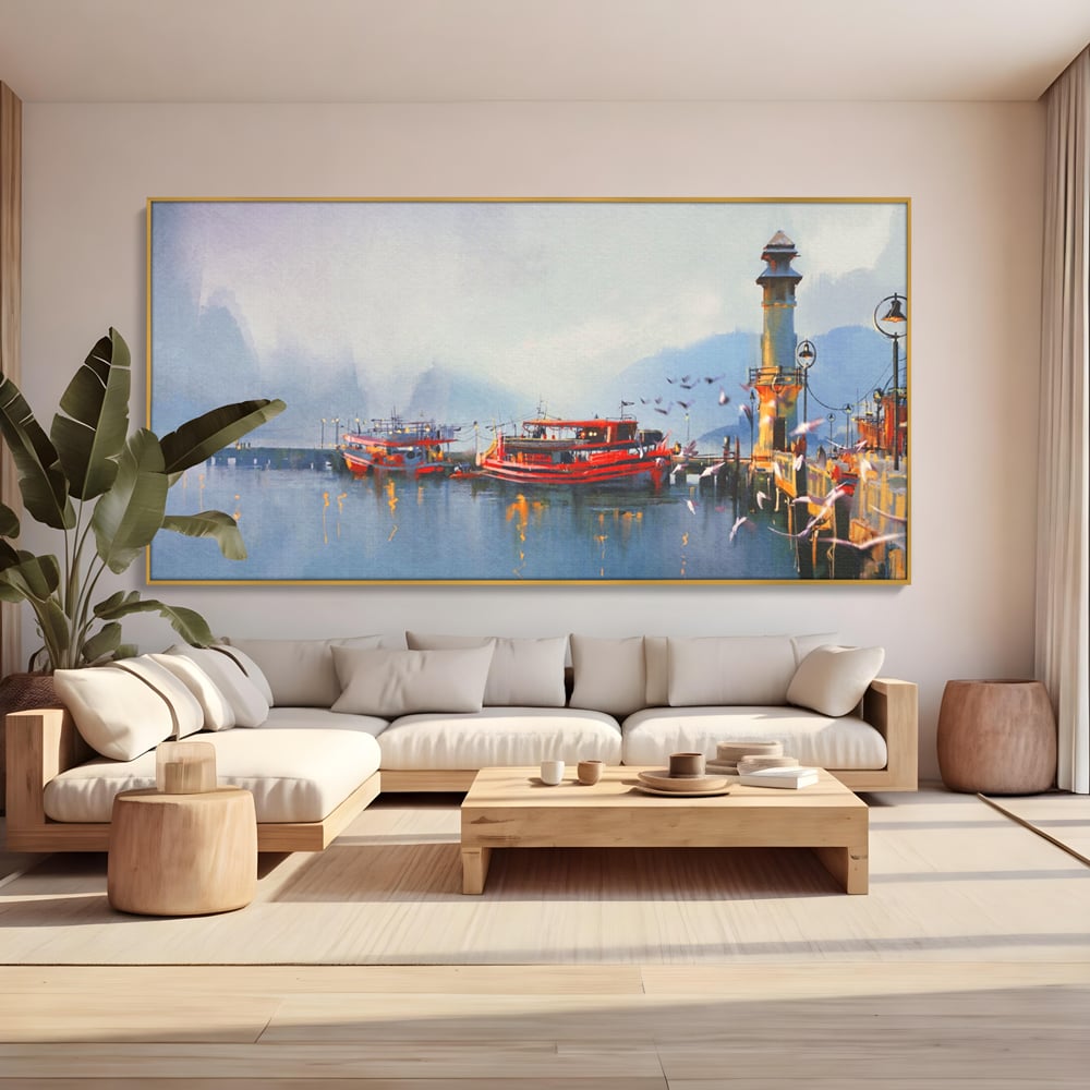 Tablou Canvas Premium LuxCanva® A1263, Red Boats, Port, Barci, Far, Mare, Dormitor, Culori Vibrante