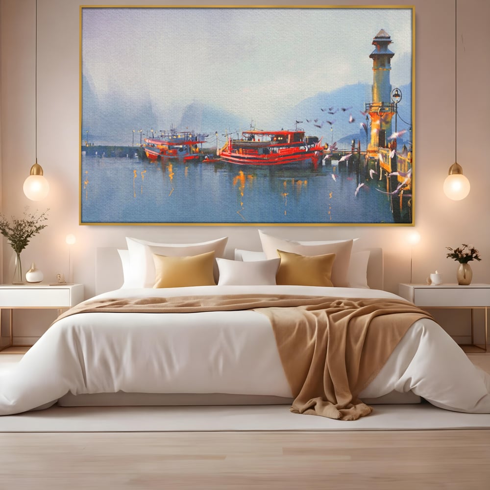 Tablou Canvas Premium LuxCanva® A1263, Red Boats, Port, Barci, Far, Mare, Dormitor, Culori Vibrante