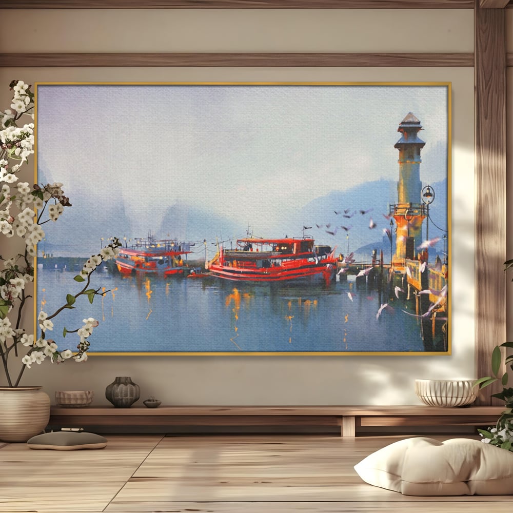 Tablou Canvas Premium LuxCanva® A1263, Red Boats, Port, Barci, Far, Mare, Dormitor, Culori Vibrante