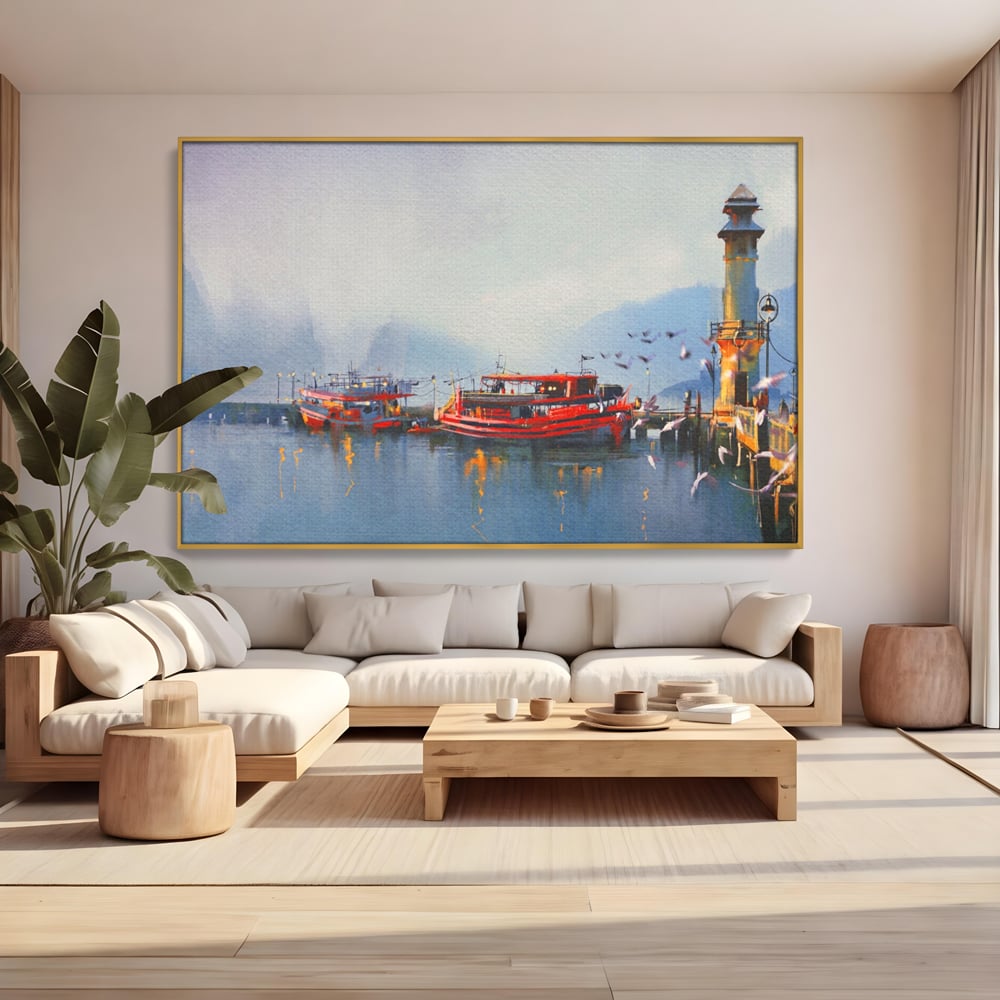 Tablou Canvas Premium LuxCanva® A1263, Red Boats, Port, Barci, Far, Mare, Dormitor, Culori Vibrante