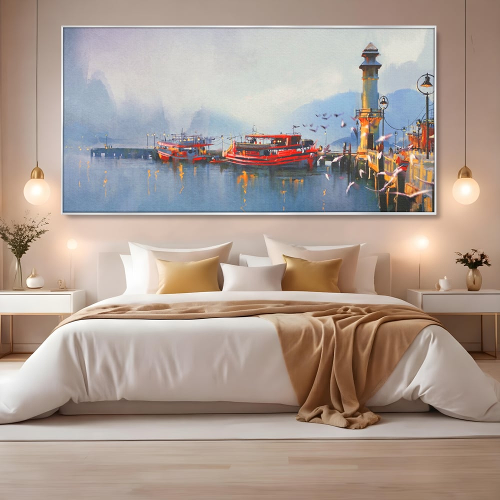 Tablou Canvas Premium LuxCanva® A1263, Red Boats, Port, Barci, Far, Mare, Dormitor, Culori Vibrante