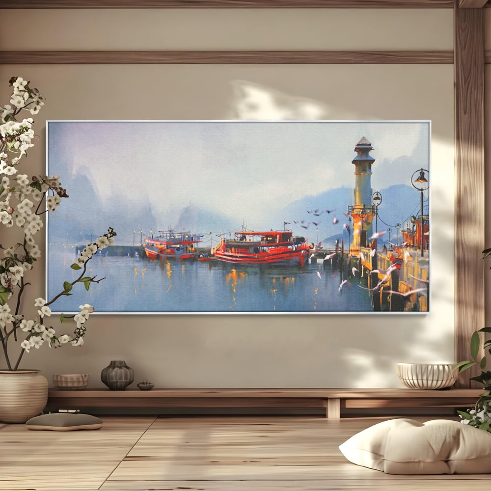 Tablou Canvas Premium LuxCanva® A1263, Red Boats, Port, Barci, Far, Mare, Dormitor, Culori Vibrante