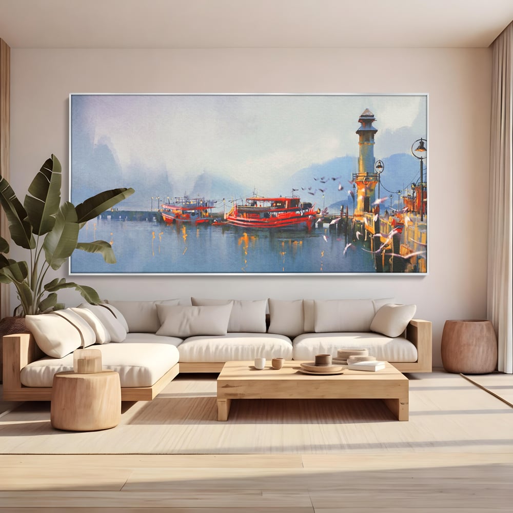 Tablou Canvas Premium LuxCanva® A1263, Red Boats, Port, Barci, Far, Mare, Dormitor, Culori Vibrante