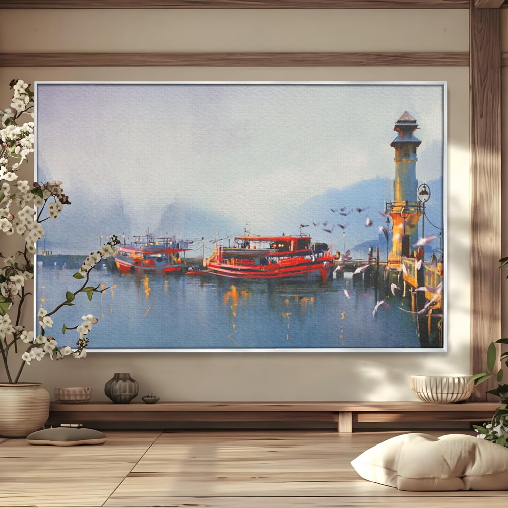 Tablou Canvas Premium LuxCanva® A1263, Red Boats, Port, Barci, Far, Mare, Dormitor, Culori Vibrante