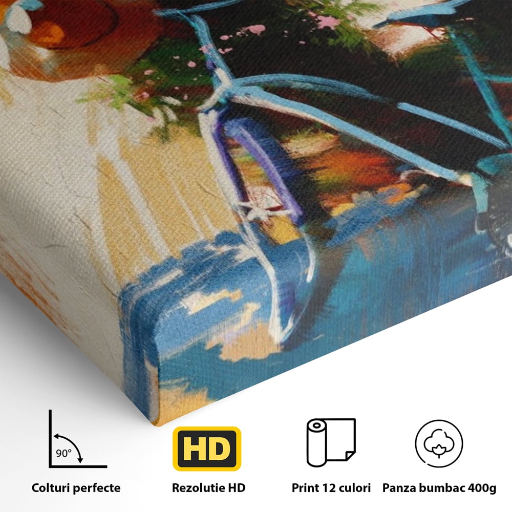 Tablou Canvas Premium LuxCanva® A1264, Bicicleta, Flori, Copac, Palarie, Dormitor, Culori Vibrante