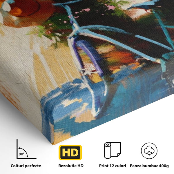 Tablou Canvas Premium LuxCanva® A1264, Bicicleta, Flori, Copac, Palarie, Dormitor, Culori Vibrante