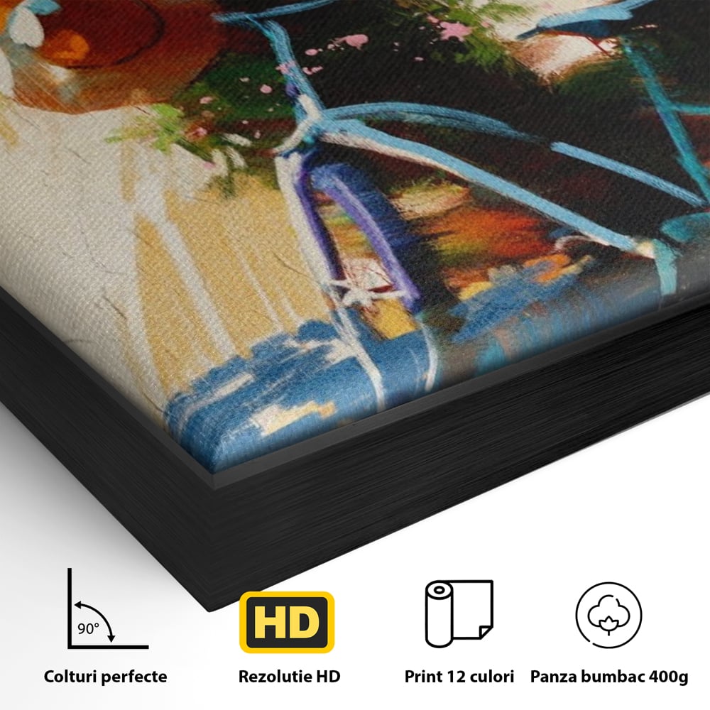 Tablou Canvas Premium LuxCanva® A1264, Bicicleta, Flori, Copac, Palarie, Dormitor, Culori Vibrante