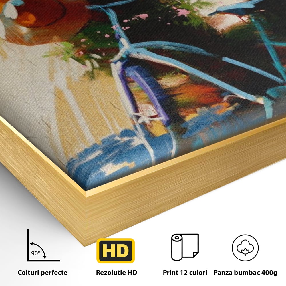 Tablou Canvas Premium LuxCanva® A1264, Bicicleta, Flori, Copac, Palarie, Dormitor, Culori Vibrante