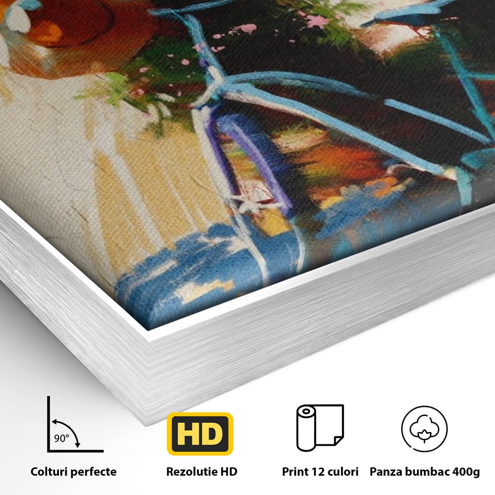 Tablou Canvas Premium LuxCanva® A1264, Bicicleta, Flori, Copac, Palarie, Dormitor, Culori Vibrante