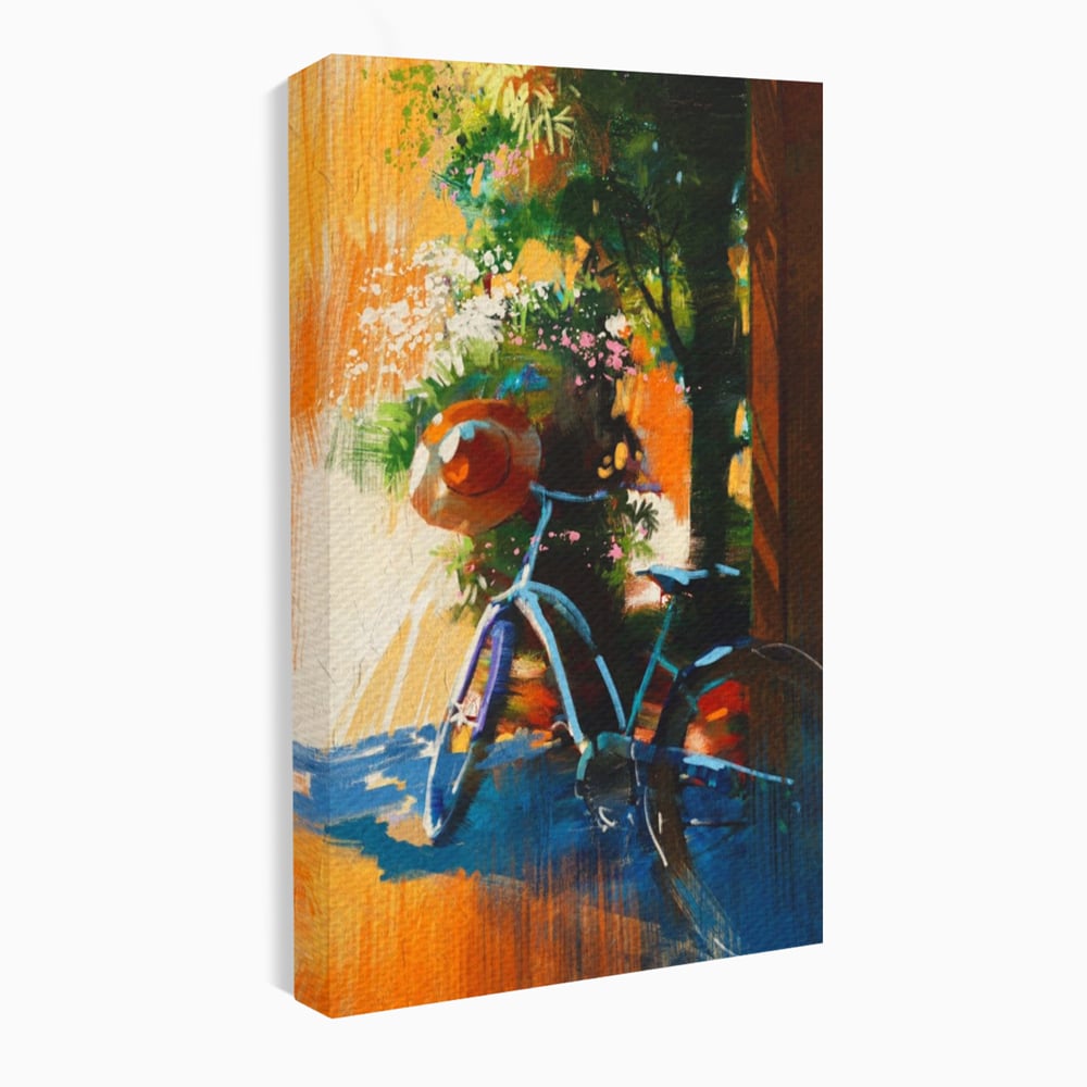 Tablou Canvas Premium LuxCanva® A1264, Bicicleta, Flori, Copac, Palarie, Dormitor, Culori Vibrante