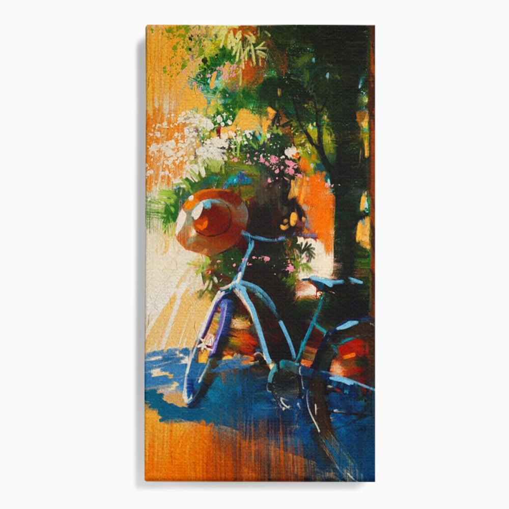 Tablou Canvas Premium LuxCanva® A1264, Bicicleta, Flori, Copac, Palarie, Dormitor, Culori Vibrante