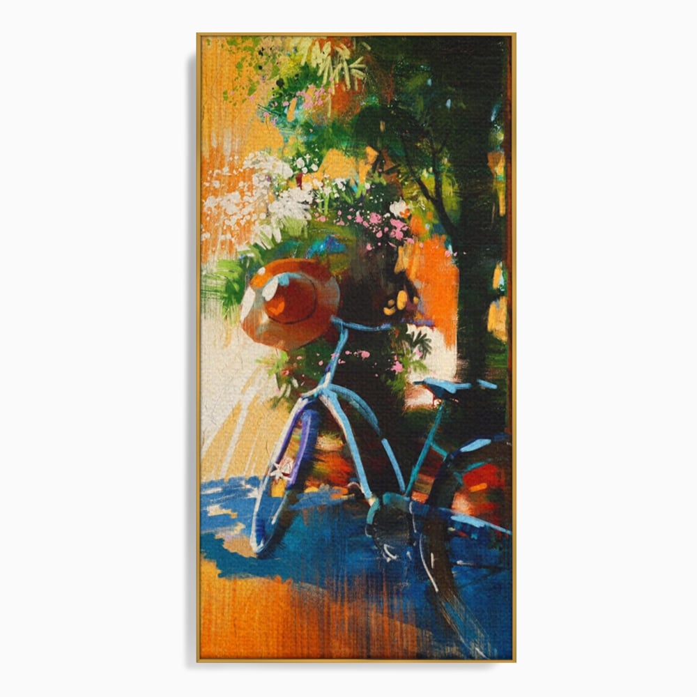 Tablou Canvas Premium LuxCanva® A1264, Bicicleta, Flori, Copac, Palarie, Dormitor, Culori Vibrante
