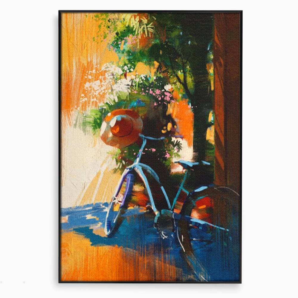 Tablou Canvas Premium LuxCanva® A1264, Bicicleta, Flori, Copac, Palarie, Dormitor, Culori Vibrante