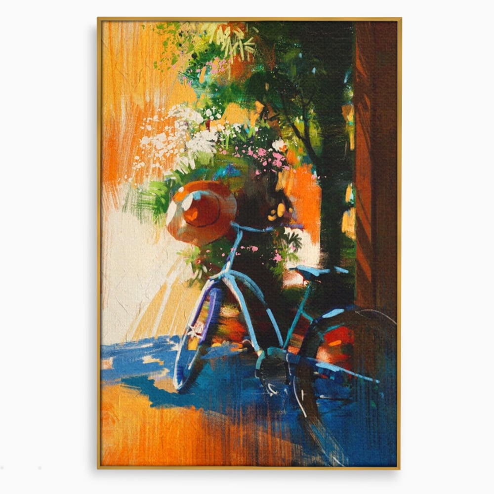 Tablou Canvas Premium LuxCanva® A1264, Bicicleta, Flori, Copac, Palarie, Dormitor, Culori Vibrante