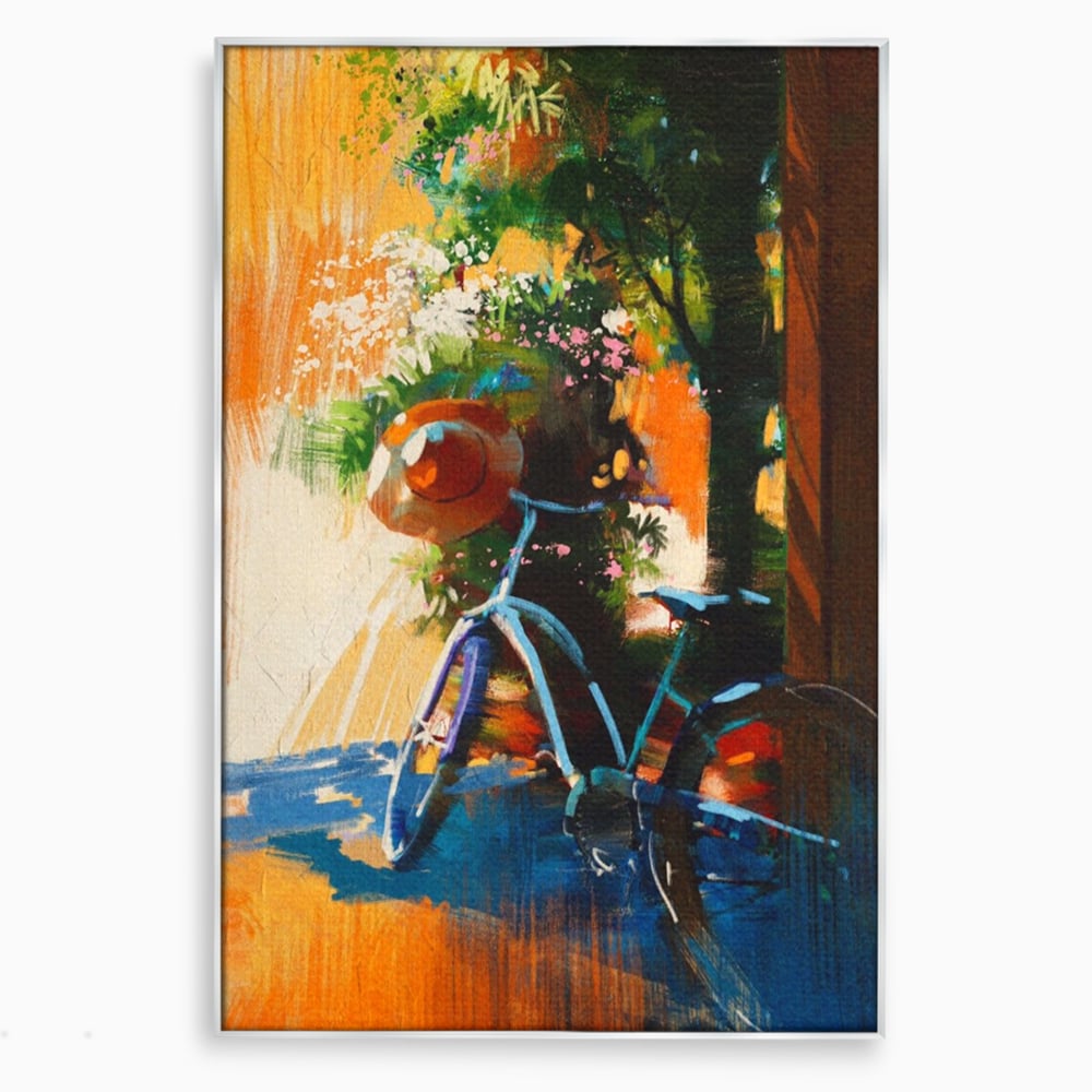 Tablou Canvas Premium LuxCanva® A1264, Bicicleta, Flori, Copac, Palarie, Dormitor, Culori Vibrante