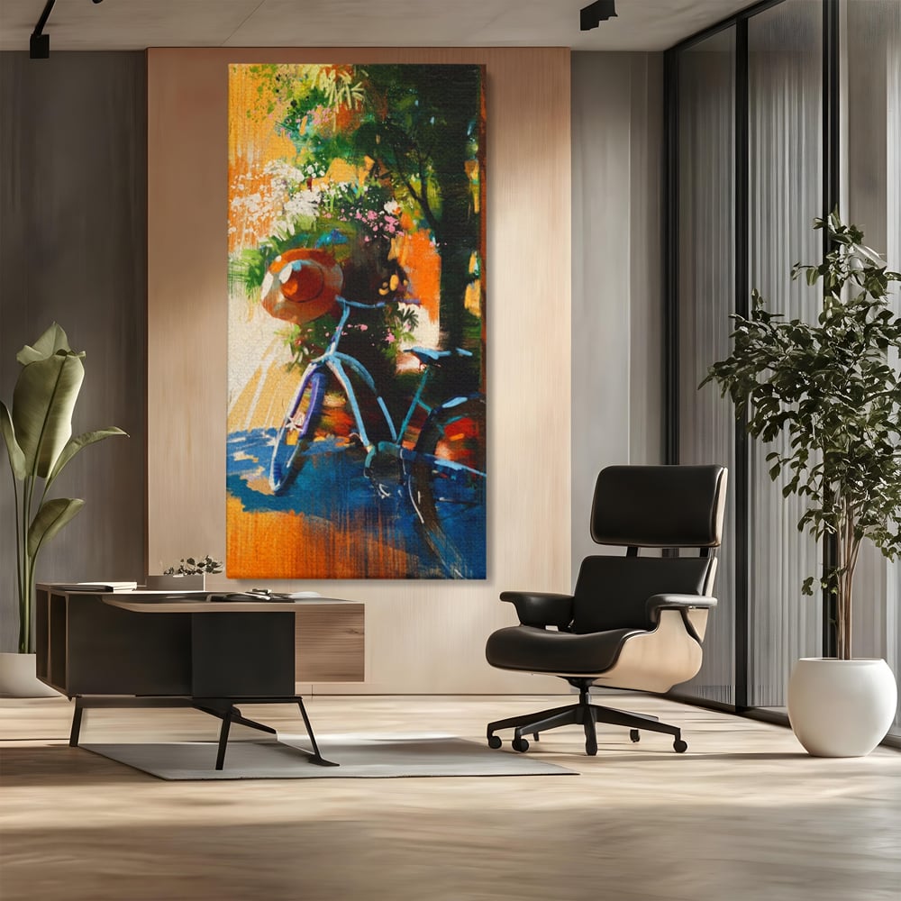 Tablou Canvas Premium LuxCanva® A1264, Bicicleta, Flori, Copac, Palarie, Dormitor, Culori Vibrante