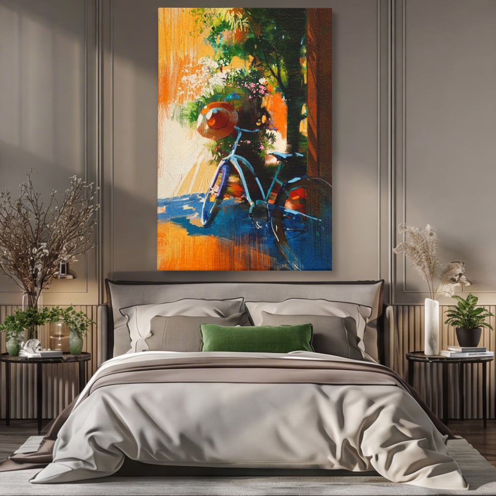 Tablou Canvas Premium LuxCanva® A1264, Bicicleta, Flori, Copac, Palarie, Dormitor, Culori Vibrante