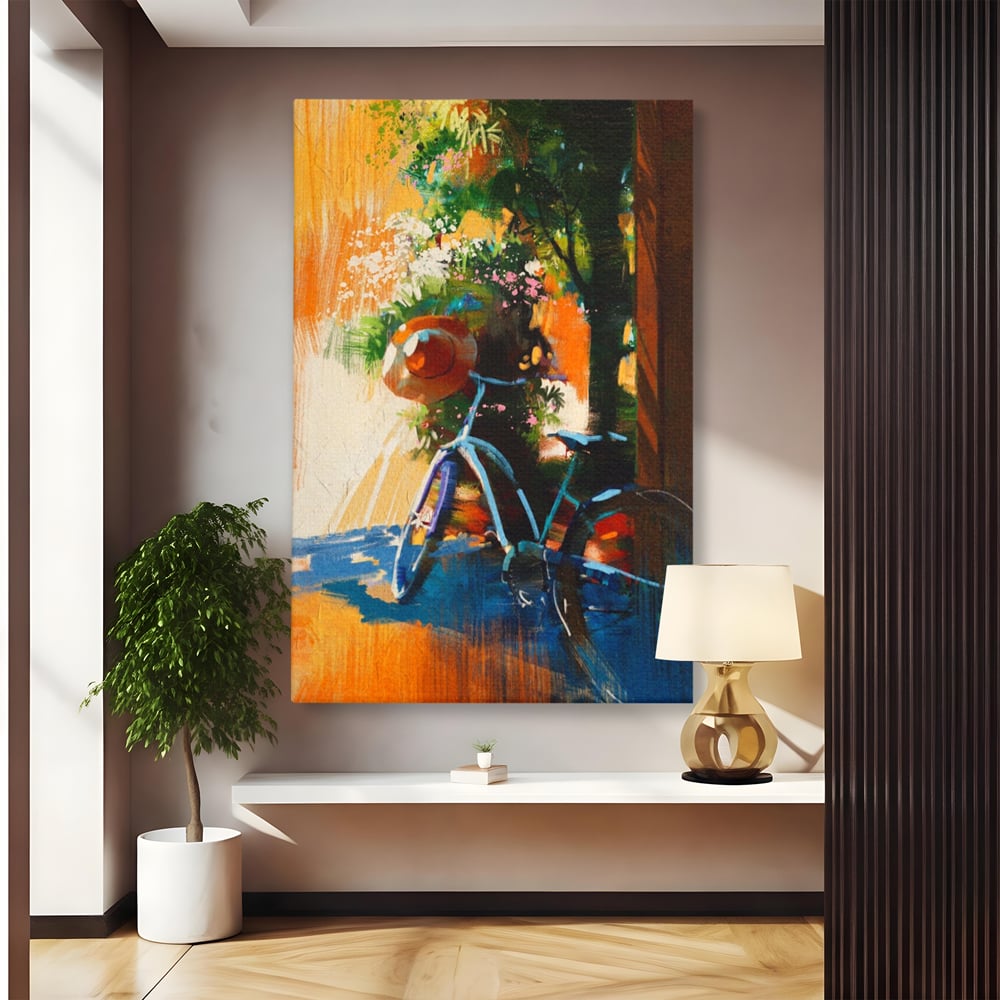 Tablou Canvas Premium LuxCanva® A1264, Bicicleta, Flori, Copac, Palarie, Dormitor, Culori Vibrante