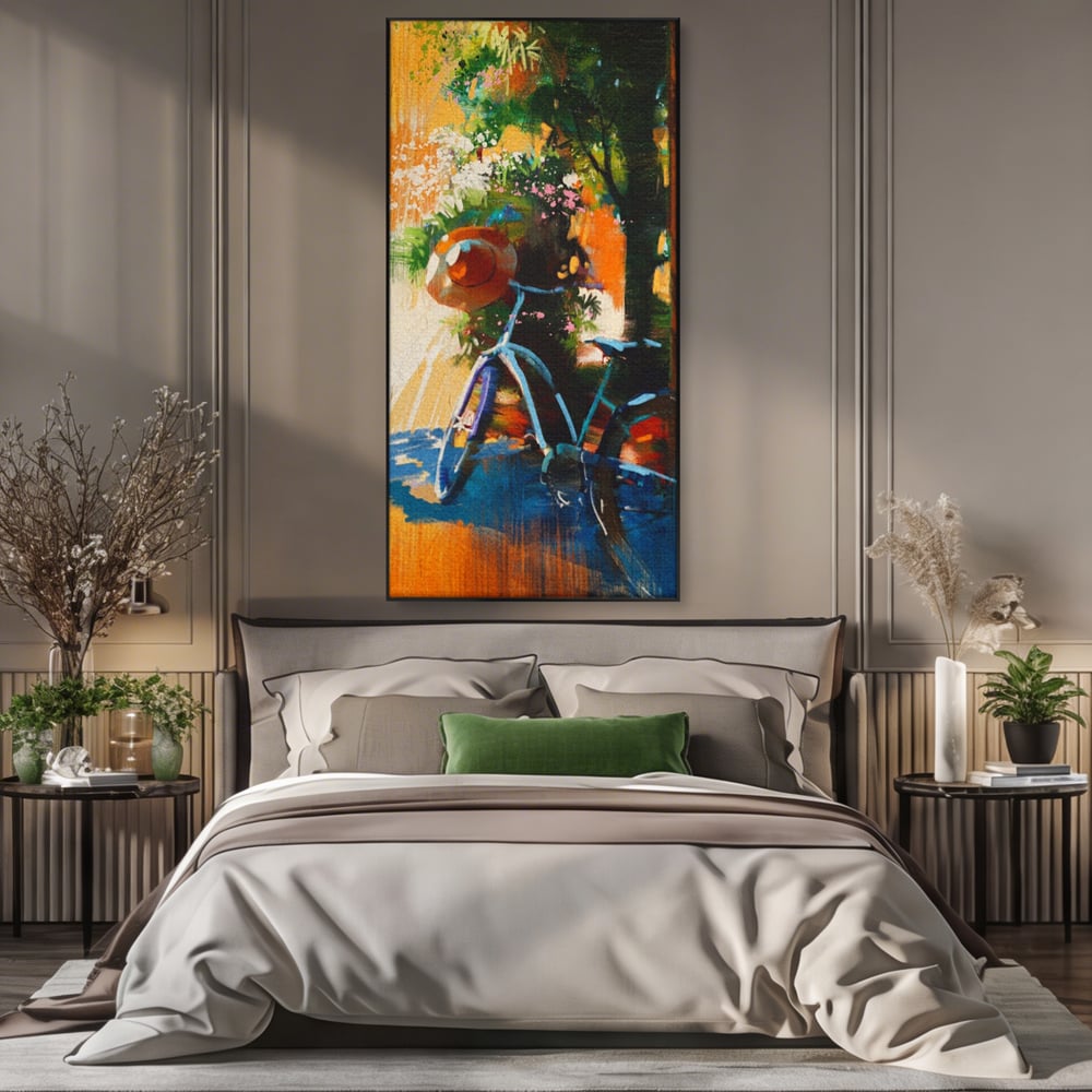 Tablou Canvas Premium LuxCanva® A1264, Bicicleta, Flori, Copac, Palarie, Dormitor, Culori Vibrante
