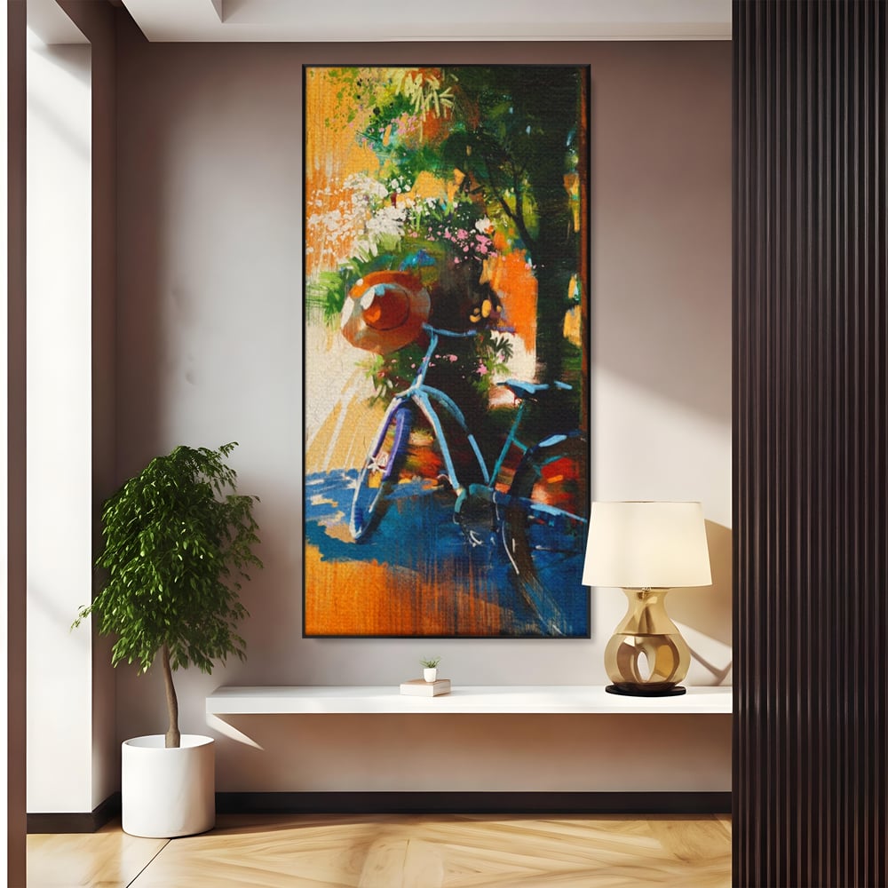 Tablou Canvas Premium LuxCanva® A1264, Bicicleta, Flori, Copac, Palarie, Dormitor, Culori Vibrante