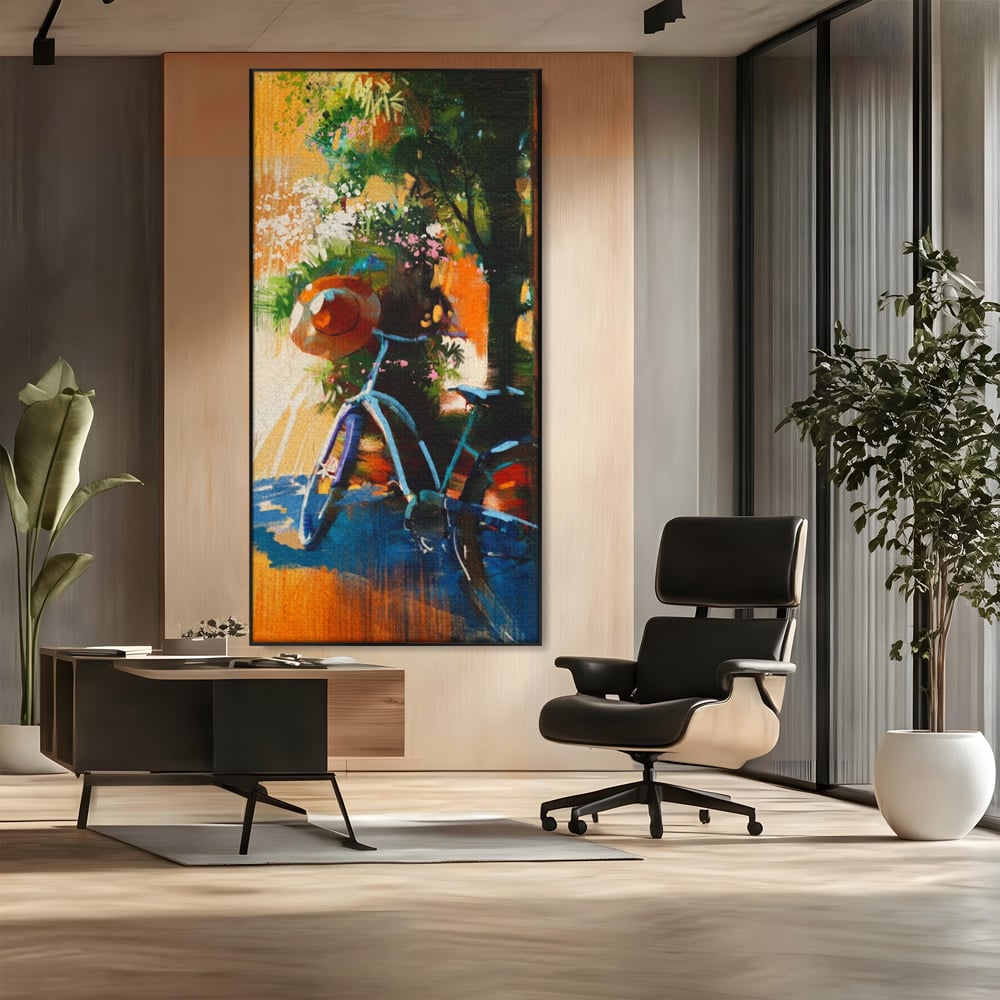 Tablou Canvas Premium LuxCanva® A1264, Bicicleta, Flori, Copac, Palarie, Dormitor, Culori Vibrante