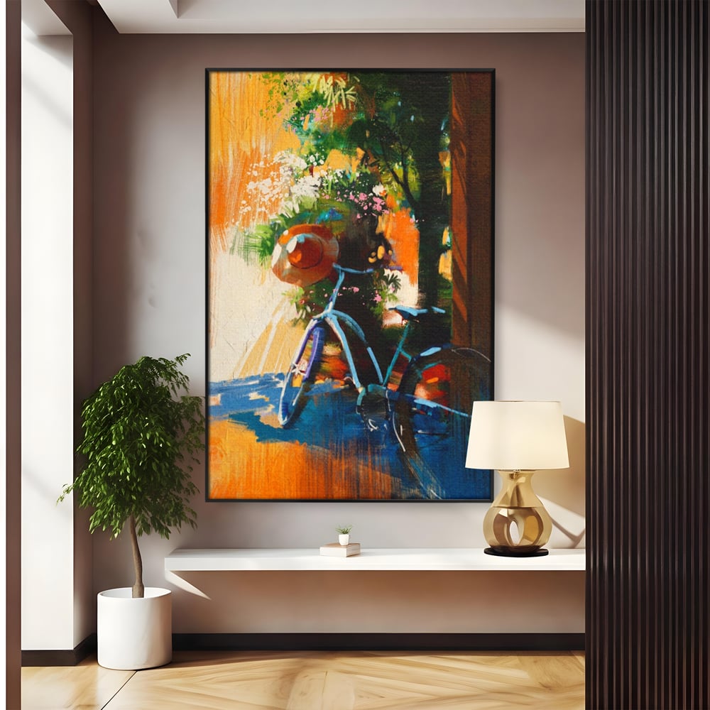 Tablou Canvas Premium LuxCanva® A1264, Bicicleta, Flori, Copac, Palarie, Dormitor, Culori Vibrante