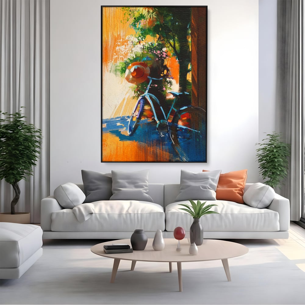 Tablou Canvas Premium LuxCanva® A1264, Bicicleta, Flori, Copac, Palarie, Dormitor, Culori Vibrante