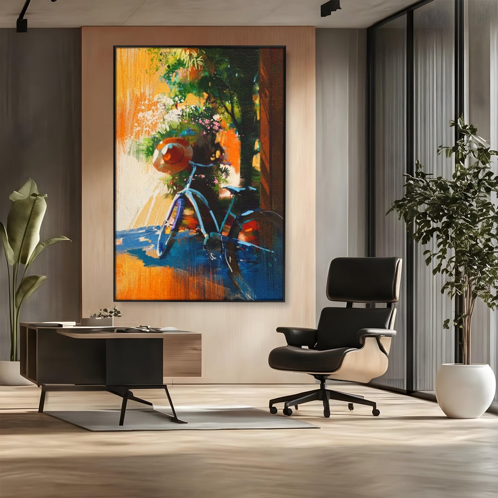 Tablou Canvas Premium LuxCanva® A1264, Bicicleta, Flori, Copac, Palarie, Dormitor, Culori Vibrante