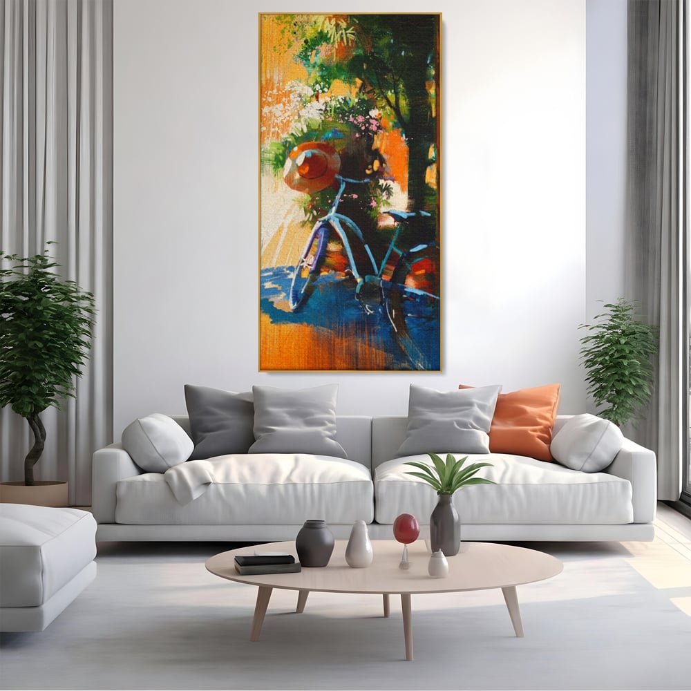 Tablou Canvas Premium LuxCanva® A1264, Bicicleta, Flori, Copac, Palarie, Dormitor, Culori Vibrante