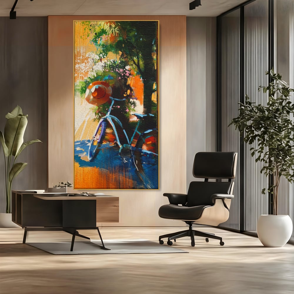 Tablou Canvas Premium LuxCanva® A1264, Bicicleta, Flori, Copac, Palarie, Dormitor, Culori Vibrante