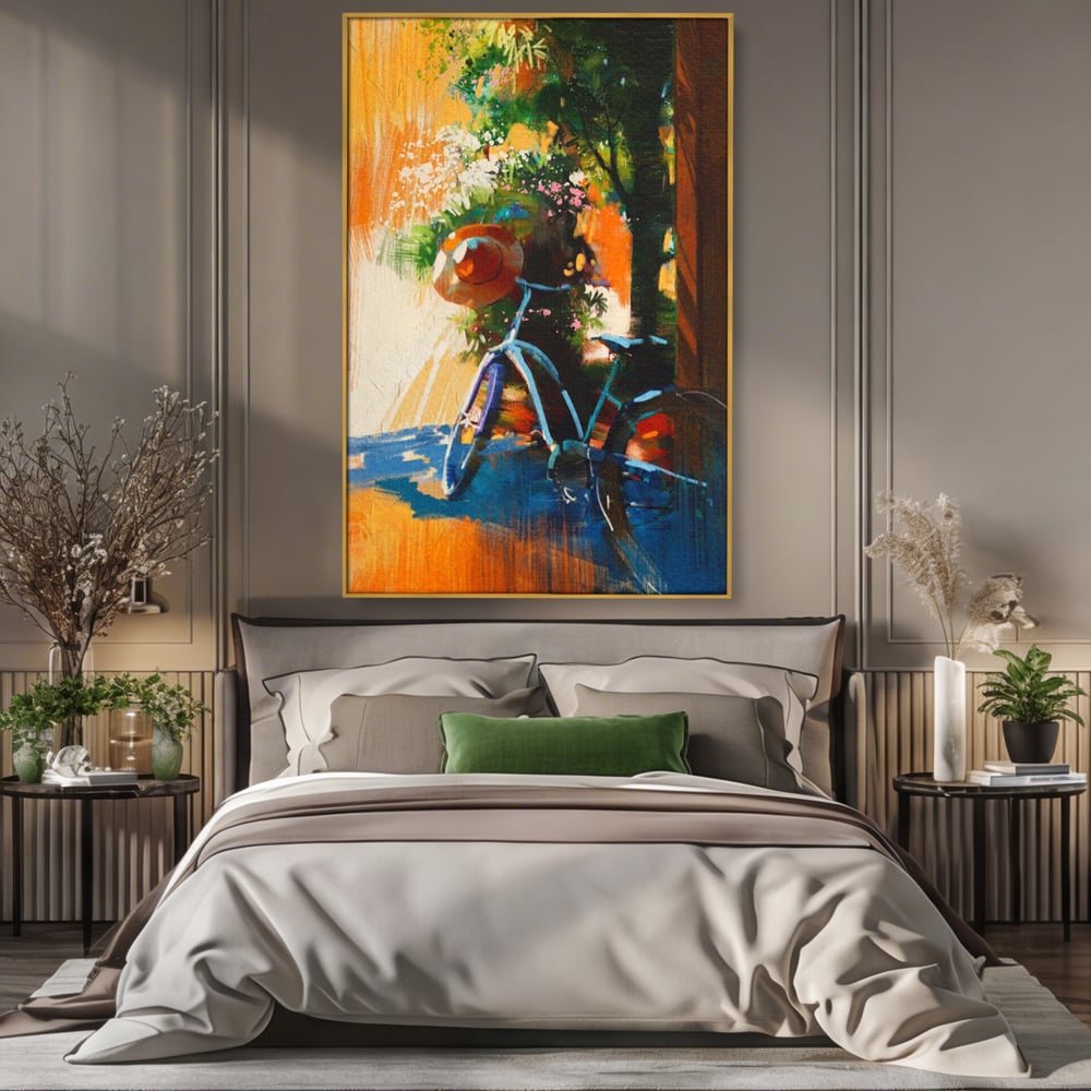 Tablou Canvas Premium LuxCanva® A1264, Bicicleta, Flori, Copac, Palarie, Dormitor, Culori Vibrante