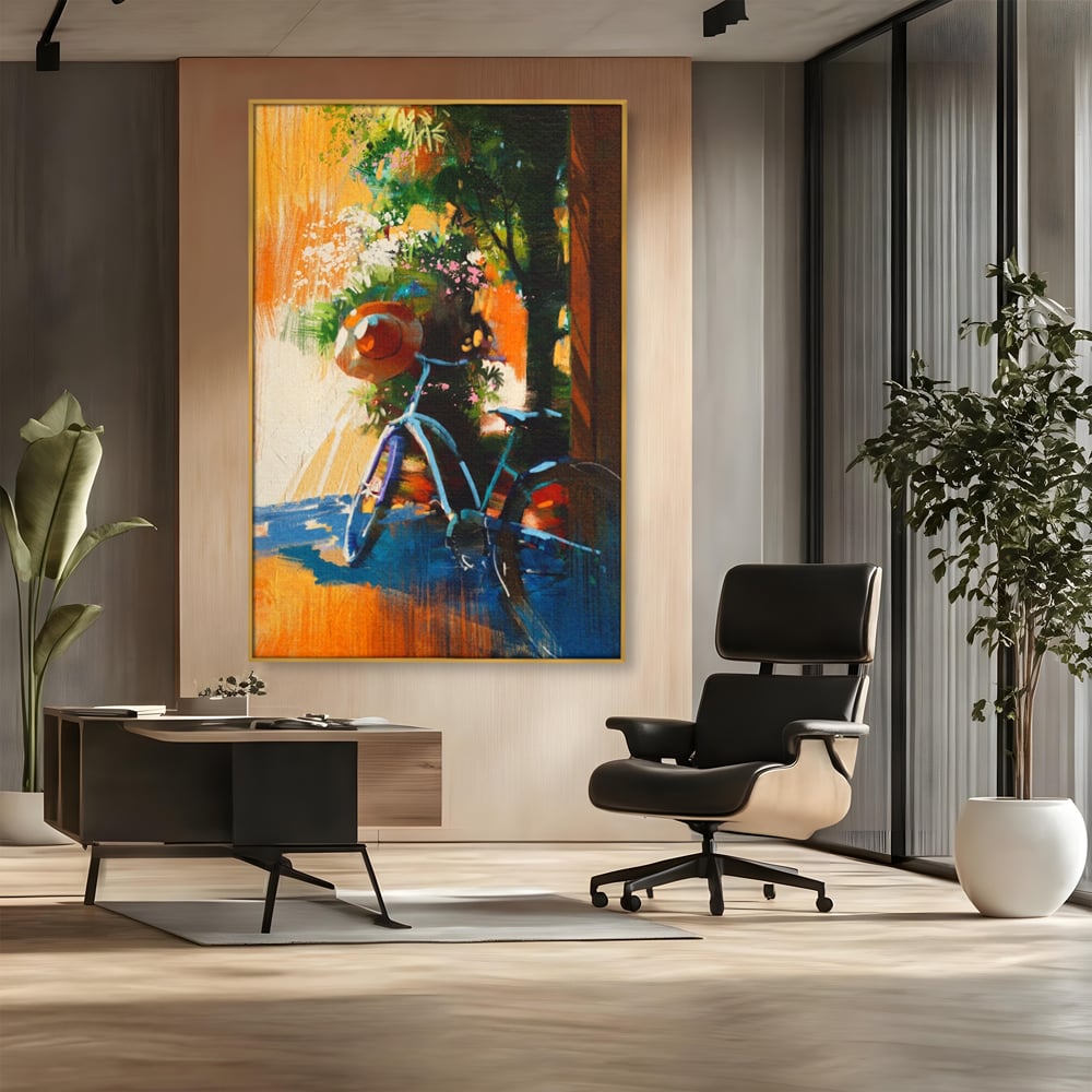 Tablou Canvas Premium LuxCanva® A1264, Bicicleta, Flori, Copac, Palarie, Dormitor, Culori Vibrante