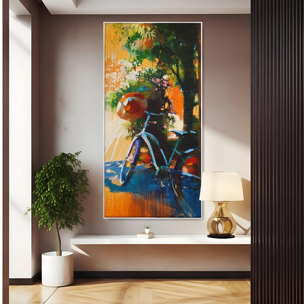 Tablou Canvas Premium LuxCanva® A1264, Bicicleta, Flori, Copac, Palarie, Dormitor, Culori Vibrante