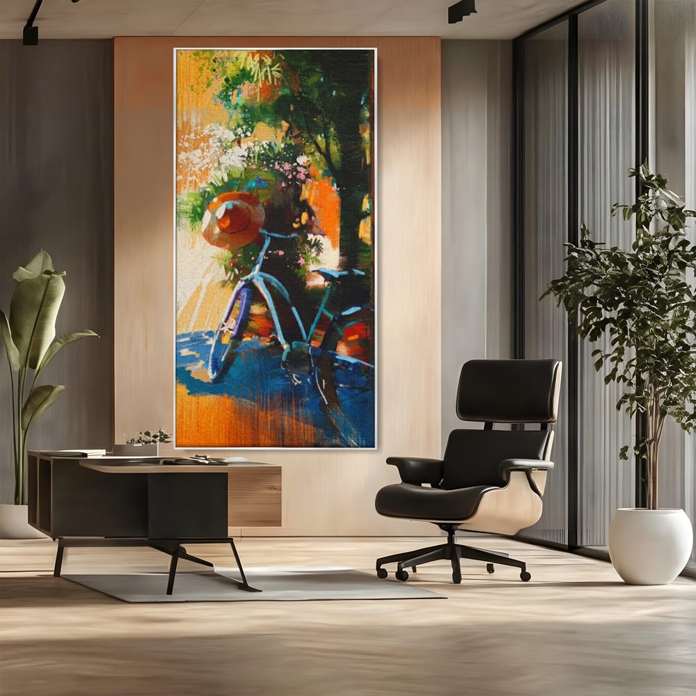 Tablou Canvas Premium LuxCanva® A1264, Bicicleta, Flori, Copac, Palarie, Dormitor, Culori Vibrante