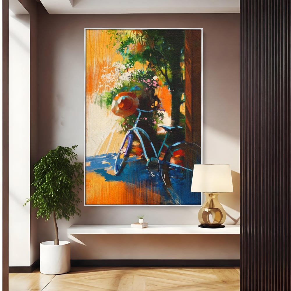 Tablou Canvas Premium LuxCanva® A1264, Bicicleta, Flori, Copac, Palarie, Dormitor, Culori Vibrante