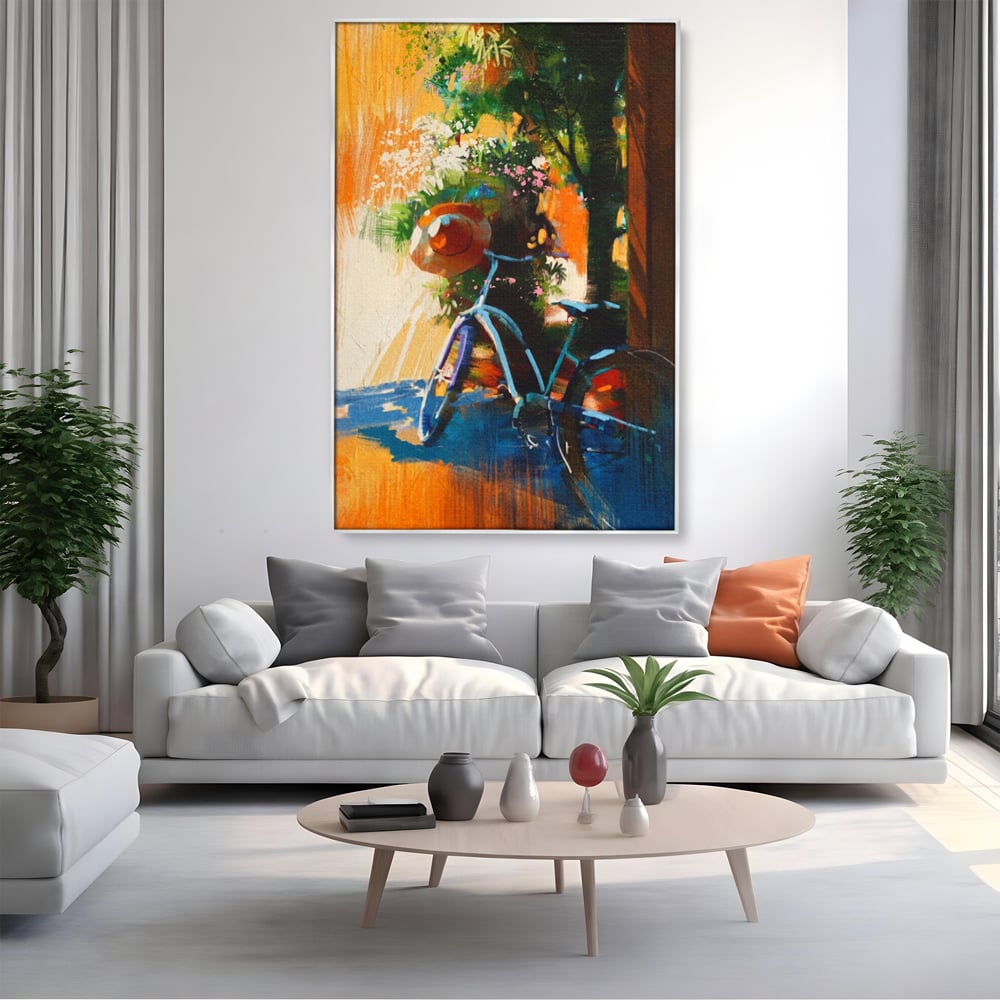 Tablou Canvas Premium LuxCanva® A1264, Bicicleta, Flori, Copac, Palarie, Dormitor, Culori Vibrante