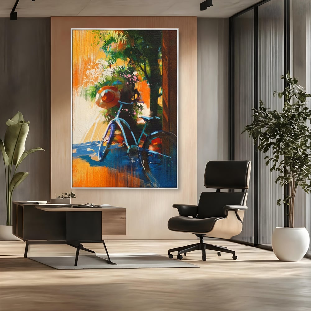 Tablou Canvas Premium LuxCanva® A1264, Bicicleta, Flori, Copac, Palarie, Dormitor, Culori Vibrante