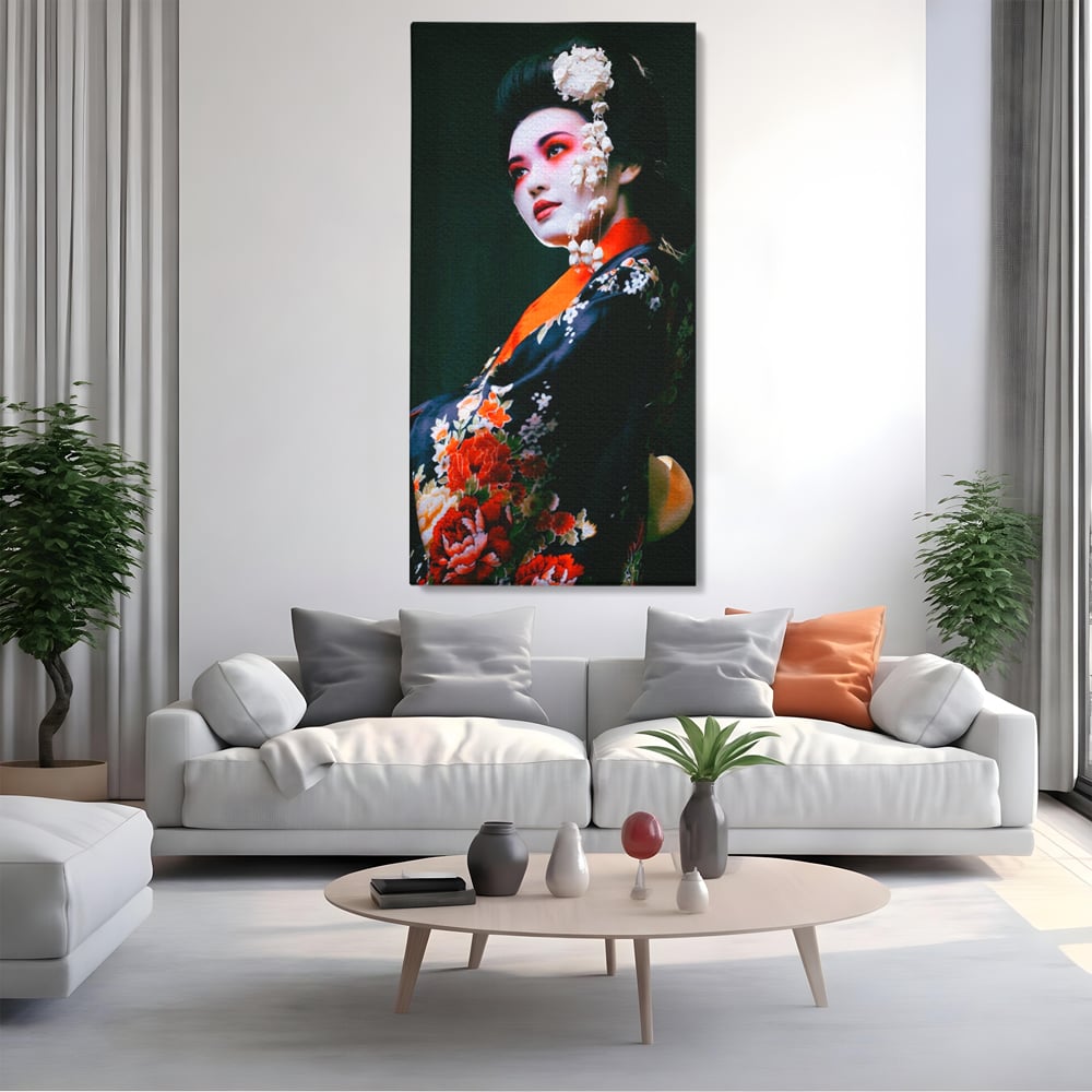 Tablou Canvas Premium LuxCanva® A1266, Geisha, Artista, Dansatoare, Fumusete Japoneza, Dormitor, Culori Vibrante