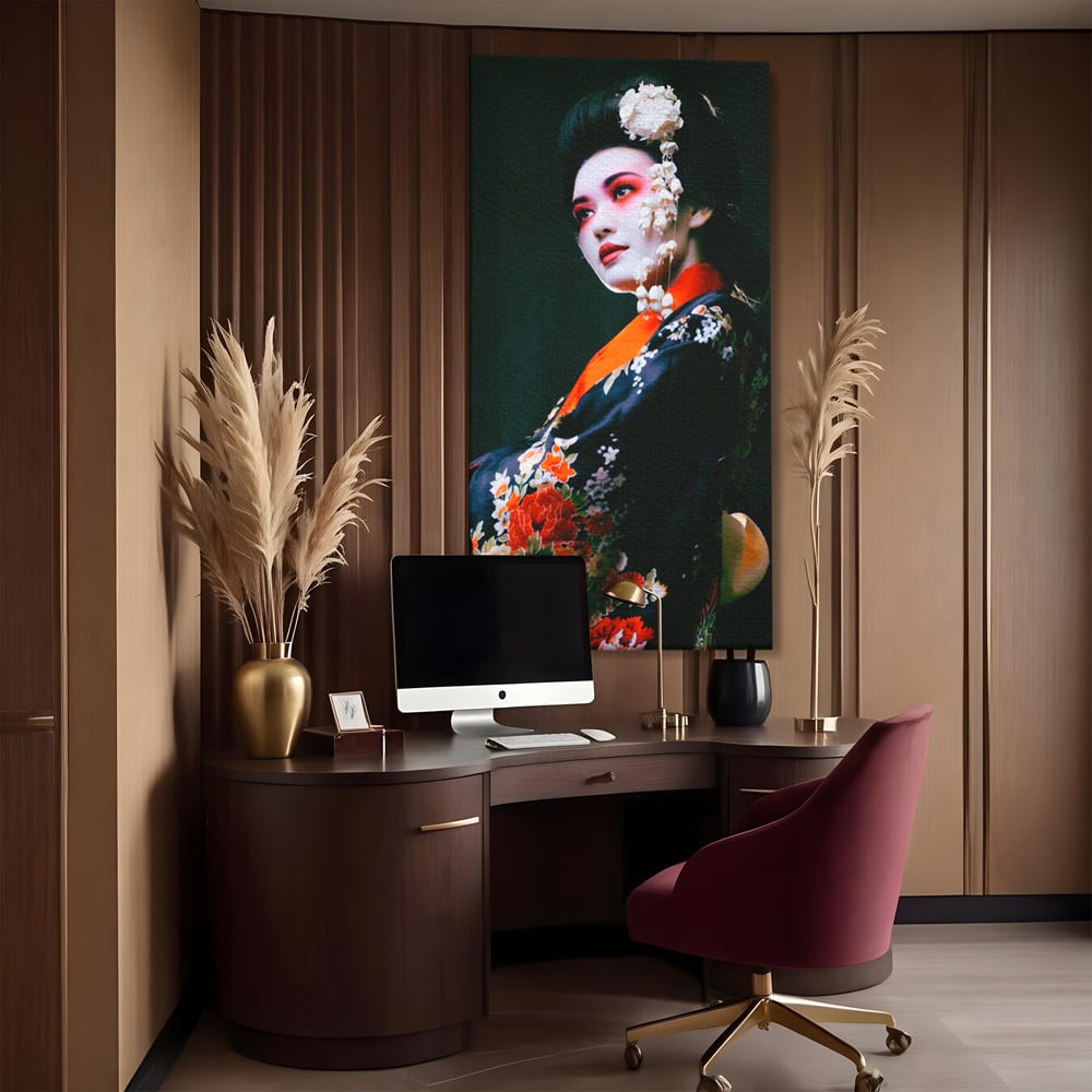 Tablou Canvas Premium LuxCanva® A1266, Geisha, Artista, Dansatoare, Fumusete Japoneza, Dormitor, Culori Vibrante