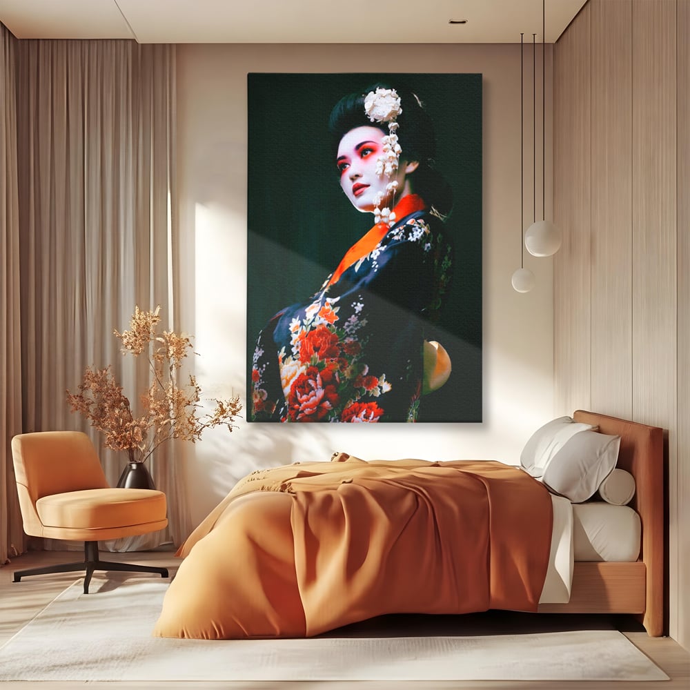 Tablou Canvas Premium LuxCanva® A1266, Geisha, Artista, Dansatoare, Fumusete Japoneza, Dormitor, Culori Vibrante
