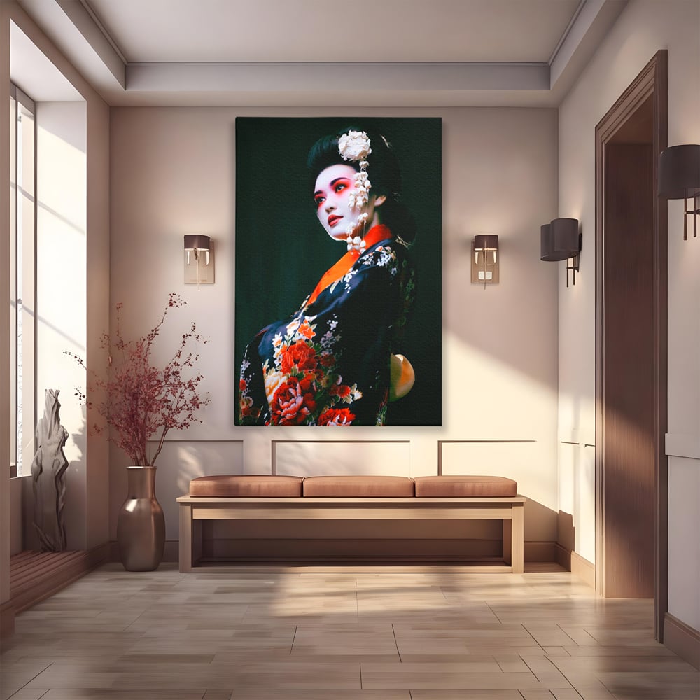 Tablou Canvas Premium LuxCanva® A1266, Geisha, Artista, Dansatoare, Fumusete Japoneza, Dormitor, Culori Vibrante