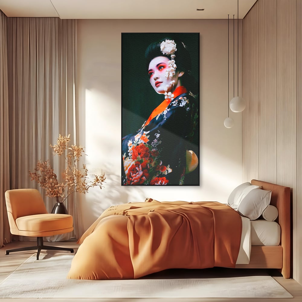 Tablou Canvas Premium LuxCanva® A1266, Geisha, Artista, Dansatoare, Fumusete Japoneza, Dormitor, Culori Vibrante
